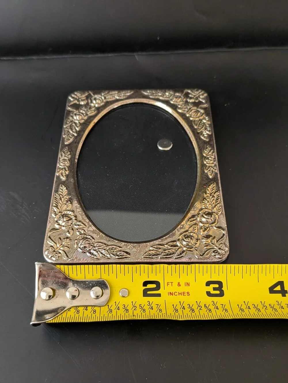 Victorian Ornate Silver Plated Small Oval Embossed Floral Rose Picture Frame 3x4